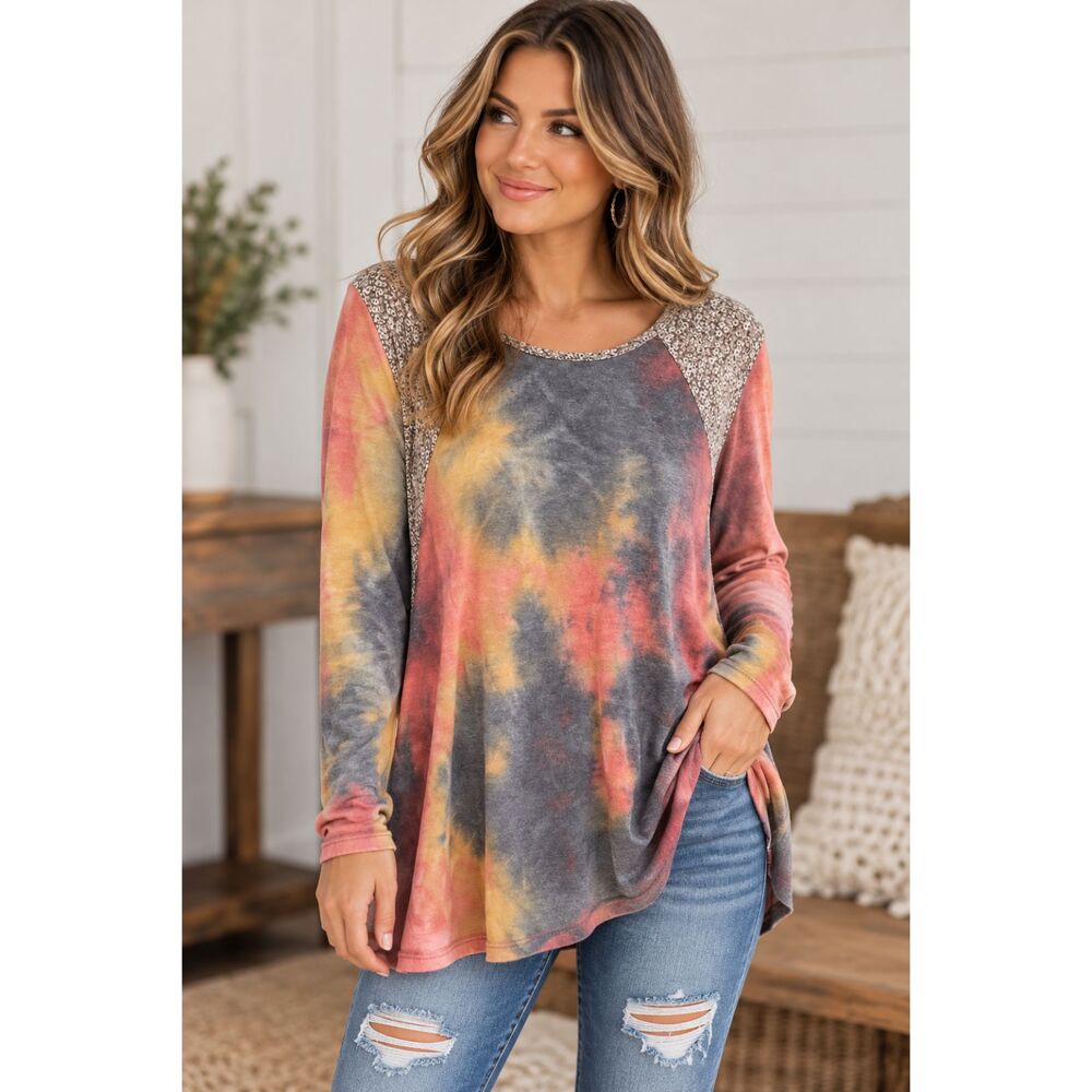 White Birch Multicolored Tie-Dye & Floral Print Long Sleeve Top Size Medium